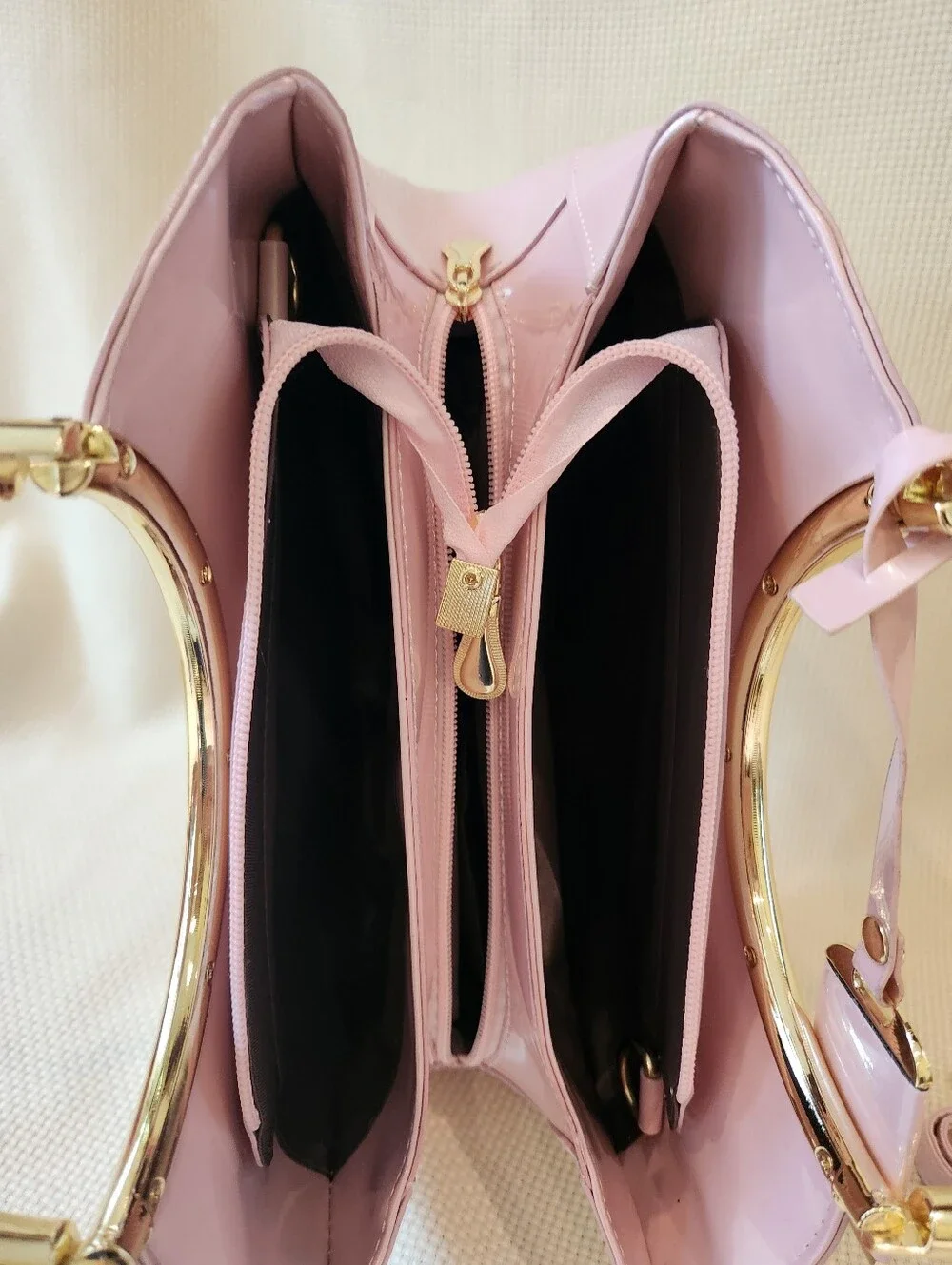 Pink Patent Leather Satchel Gold Ring Top Handle Crossbody Bag Structured Purse - Picture 10 of 16